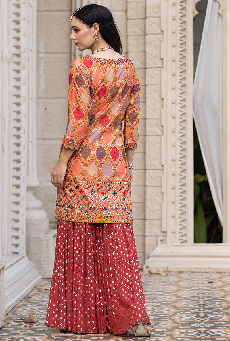 Coral Multicolour Thread Work Sitara 2.0 Gharara Set