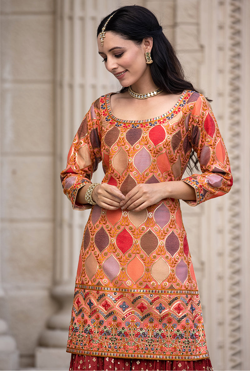 Coral Multicolour Thread Work Sitara 2.0 Gharara Set