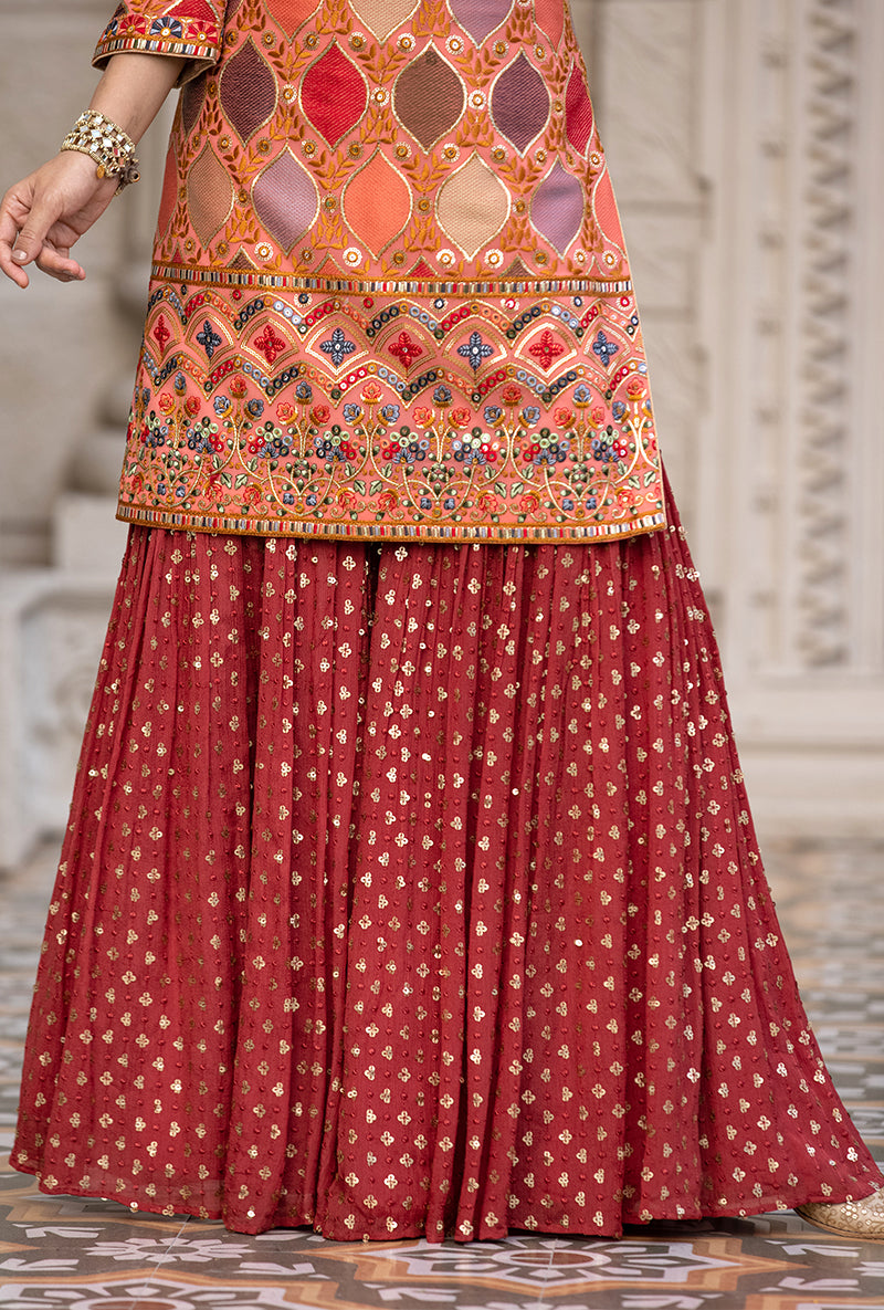 Coral Multicolour Thread Work Sitara 2.0 Gharara Set
