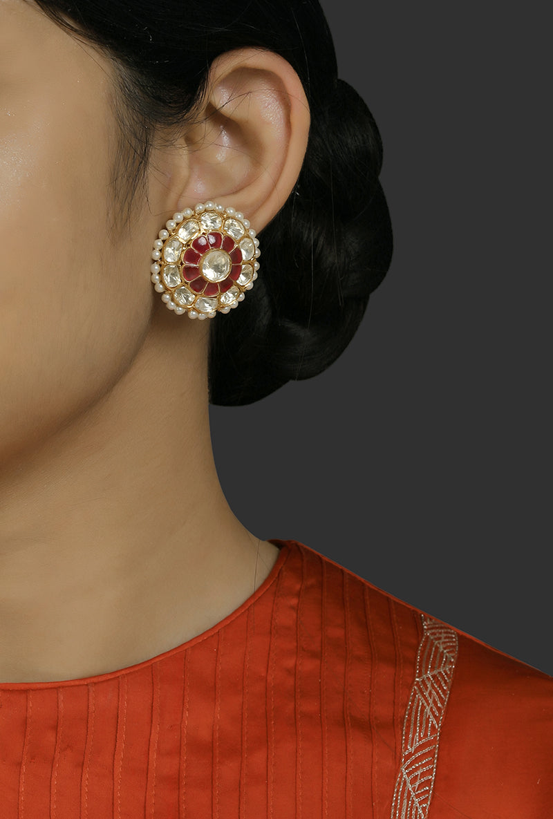 Gold Plated Silver Round Ear Studs With Polki & Red Stones & Pearl Border