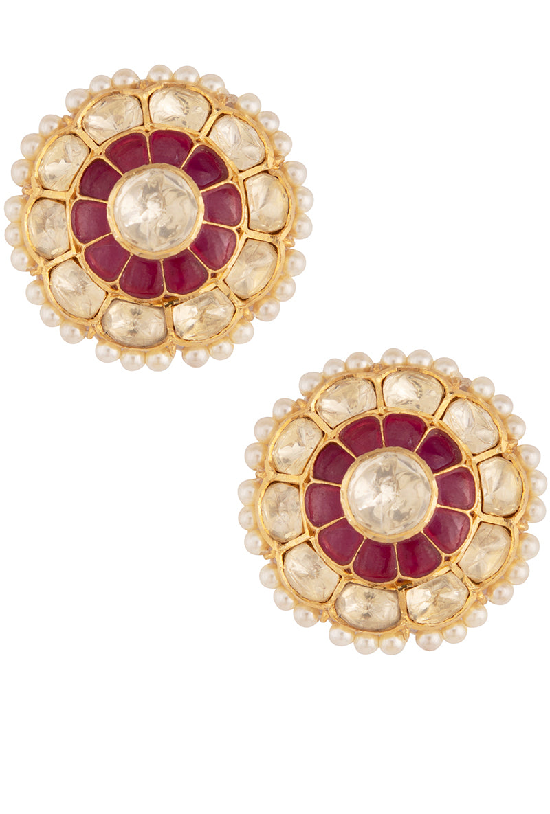 Gold Plated Silver Round Ear Studs With Polki & Red Stones & Pearl Border
