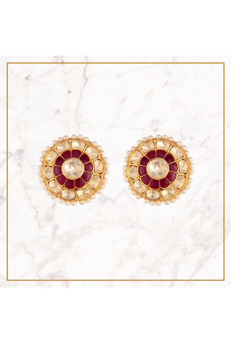 Gold Plated Silver Round Ear Studs With Polki & Red Stones & Pearl Border