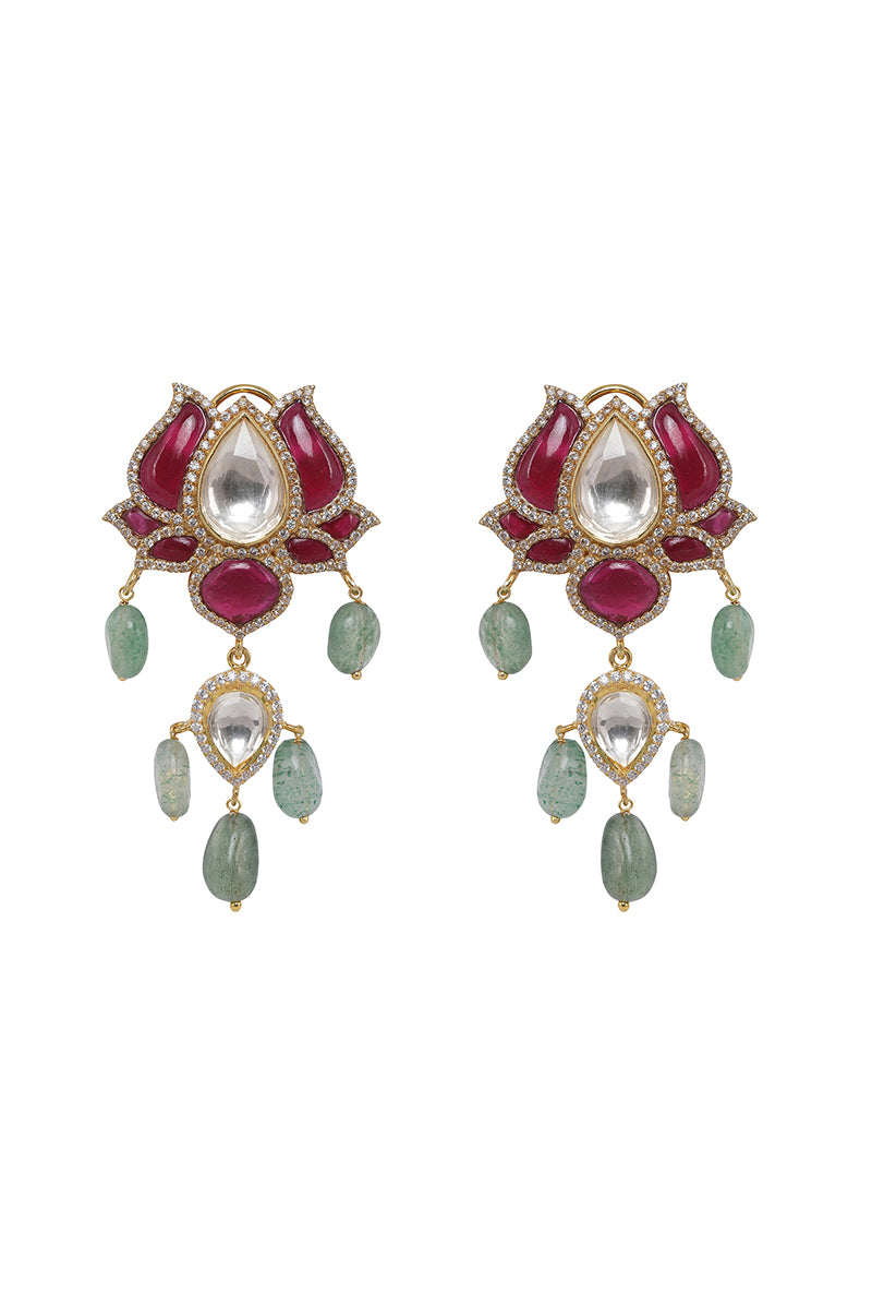 Gold Plated Silver Red Utrai Lotus Petal Earrings With Green Bead Drops