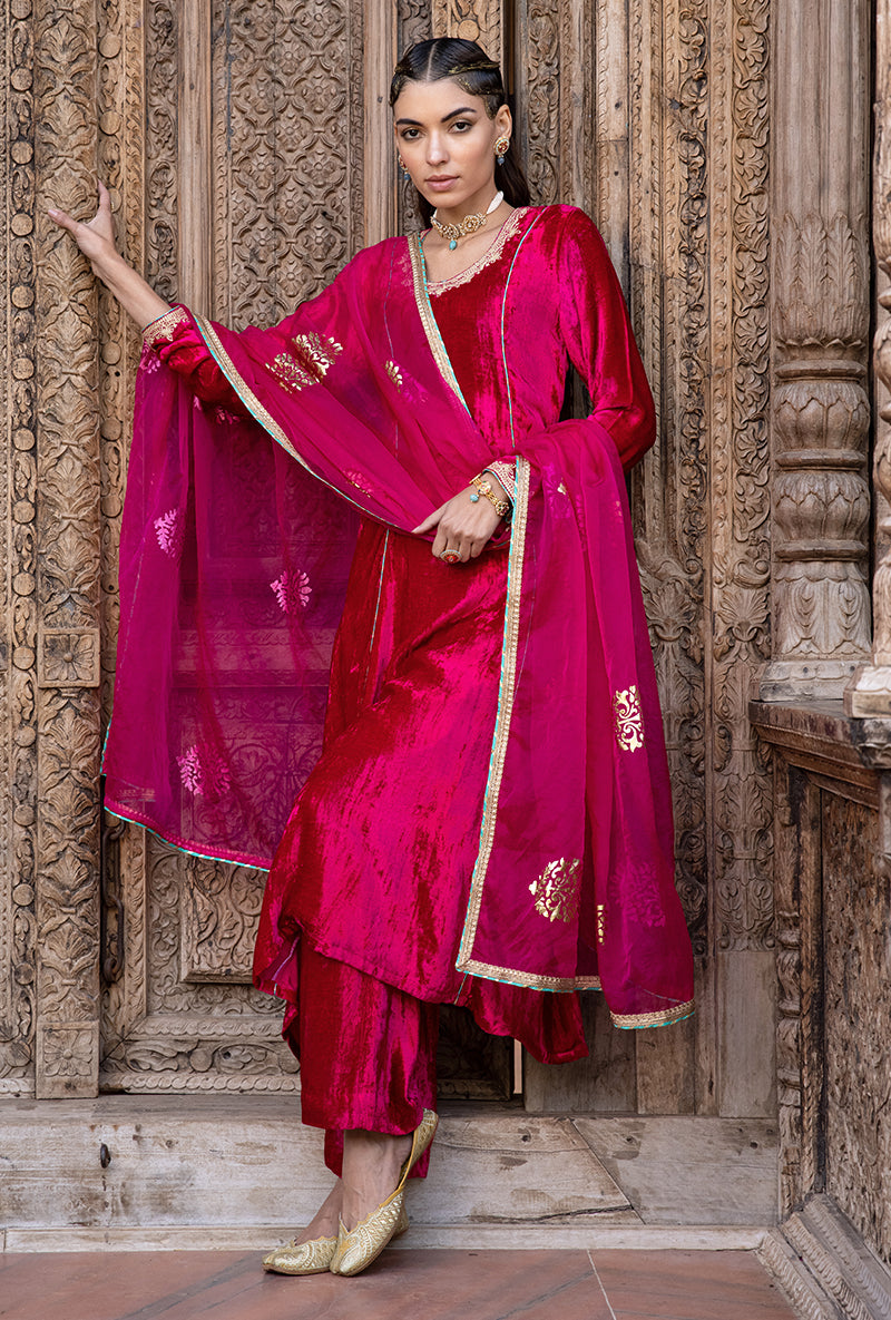 Rani Pink Velvet A-line Foil Falak Kurta Set