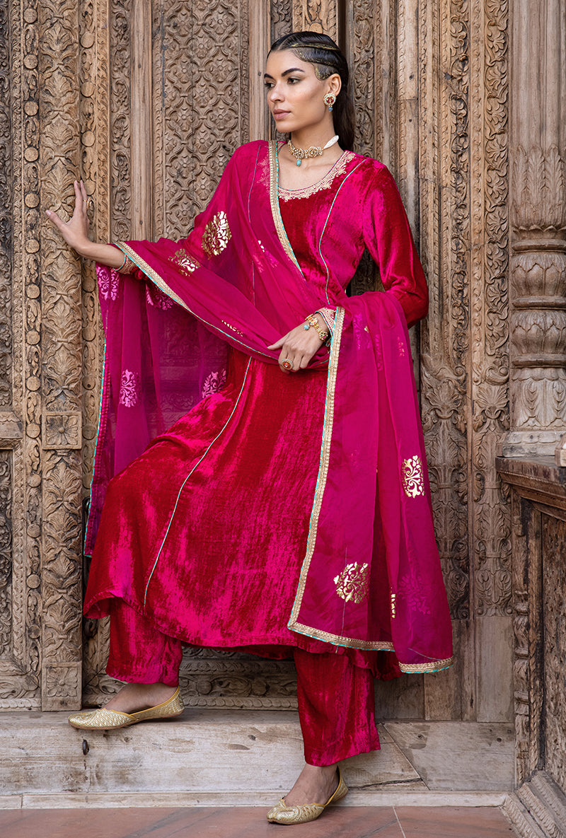 Rani Pink Velvet A-line Foil Falak Kurta Set