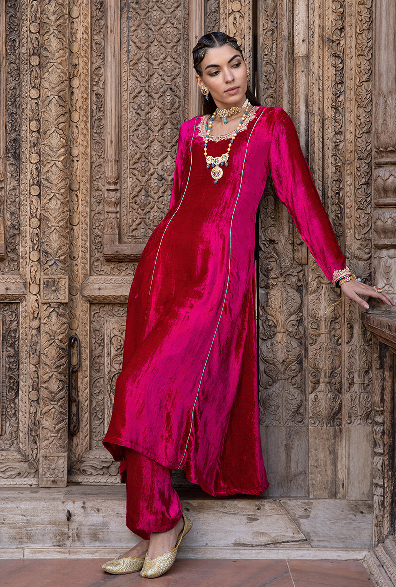 Rani Pink Velvet A-line Foil Falak Kurta Set