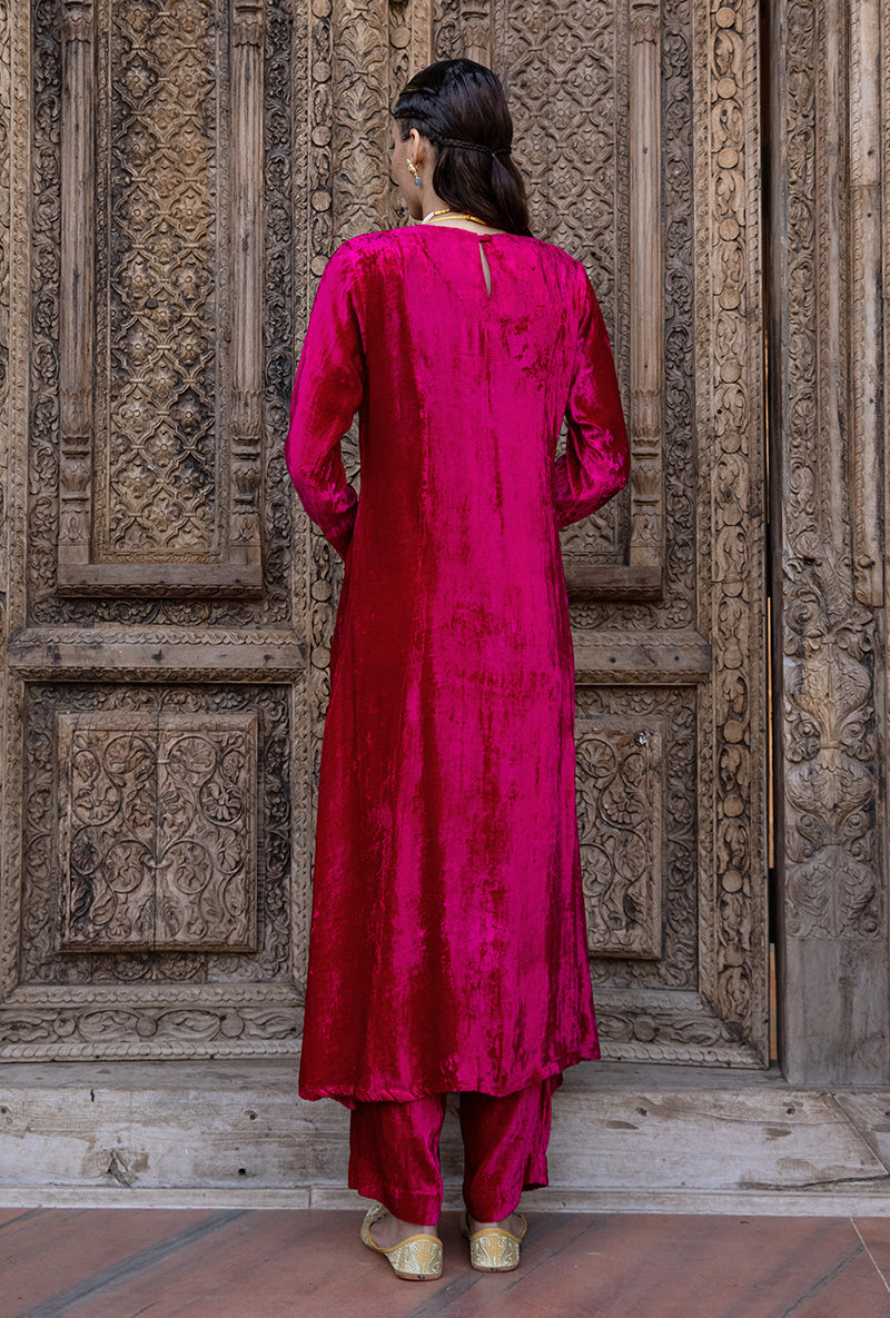 Rani Pink Velvet A-line Foil Falak Kurta Set