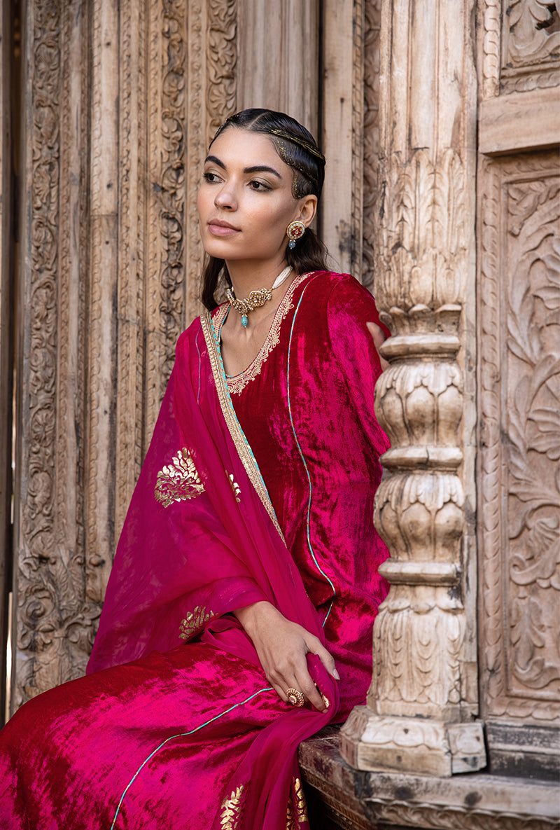 Rani Pink Velvet A-line Foil Falak Kurta Set