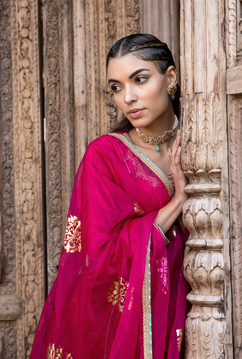 Rani Pink Velvet A-line Foil Falak Kurta Set