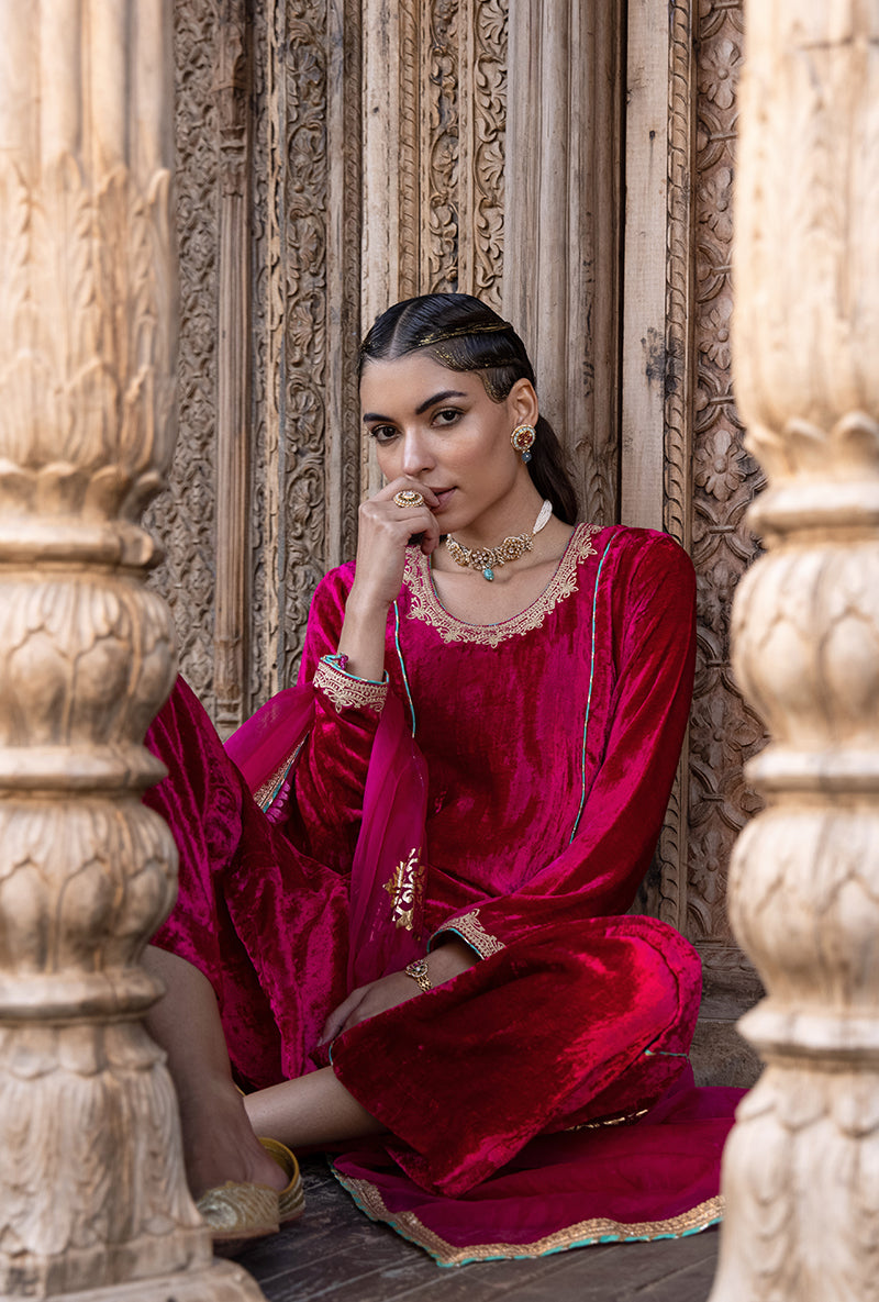 Rani Pink Velvet A-line Foil Falak Kurta Set