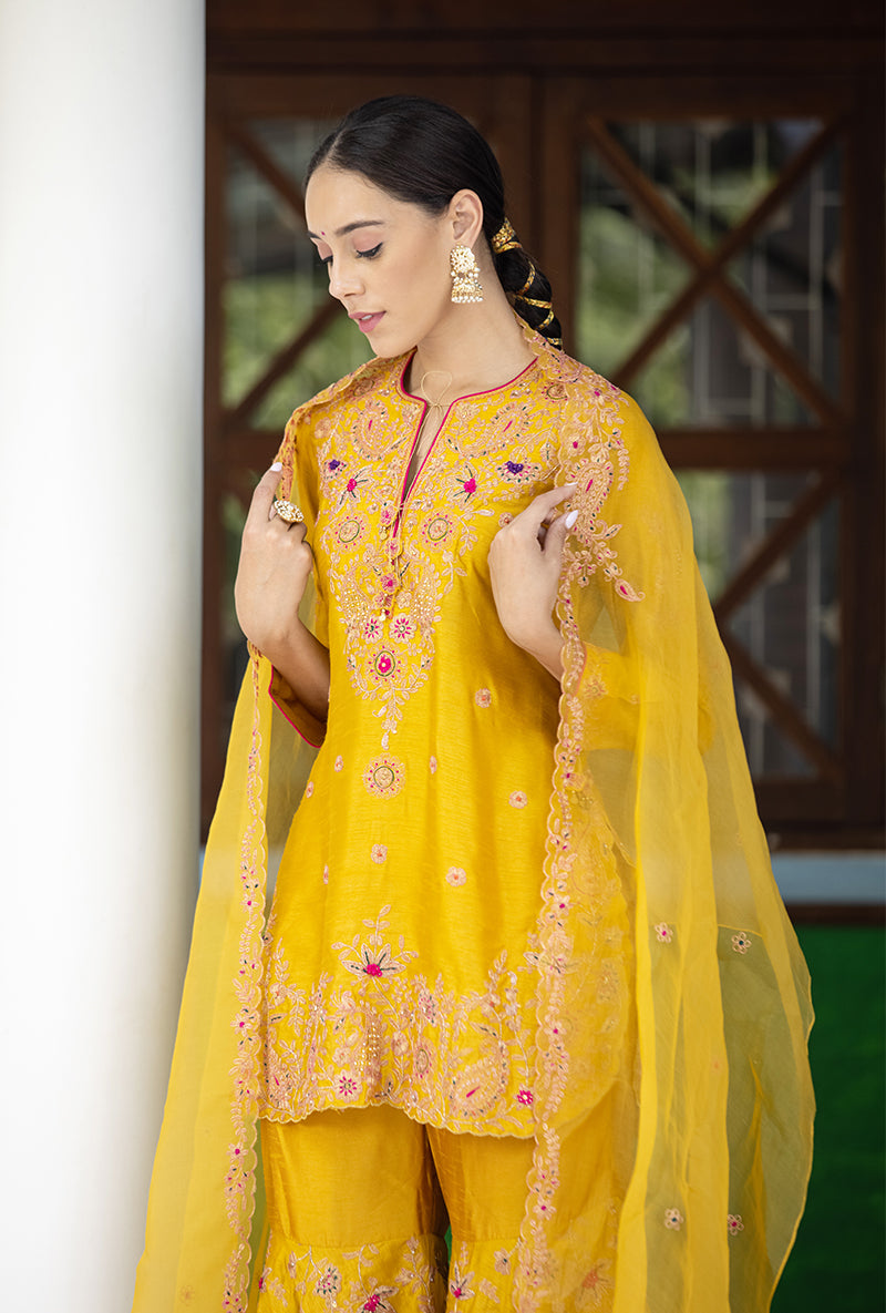 Mustard Kairi Buta Half Jaal Zeenat Gharara Set