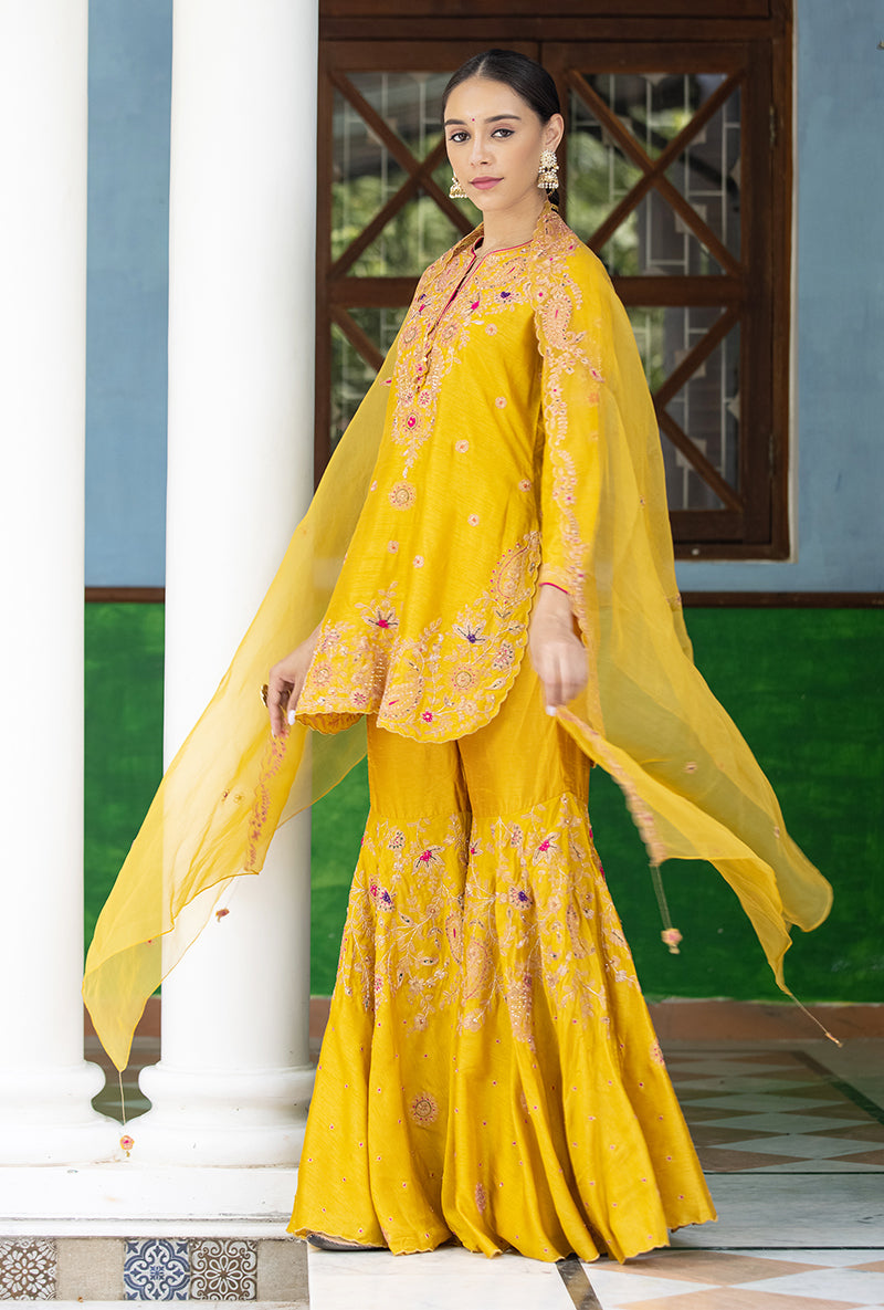 Mustard Kairi Buta Half Jaal Zeenat Gharara Set