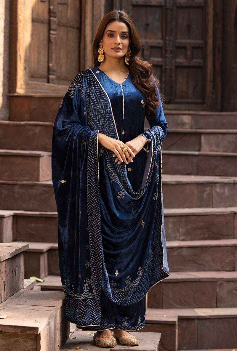 Navy Leaf Embroidery Ruhaani Kurta Set