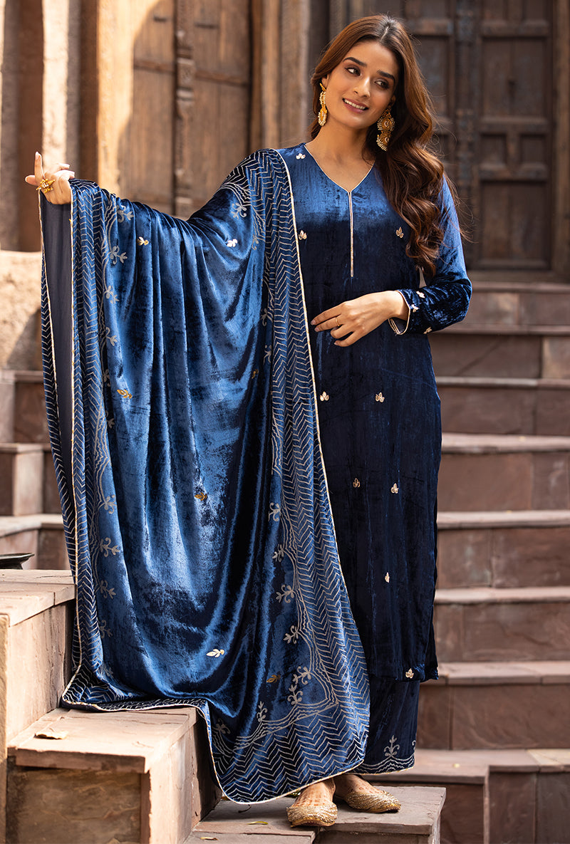 Navy Leaf Embroidery Ruhaani Kurta Set