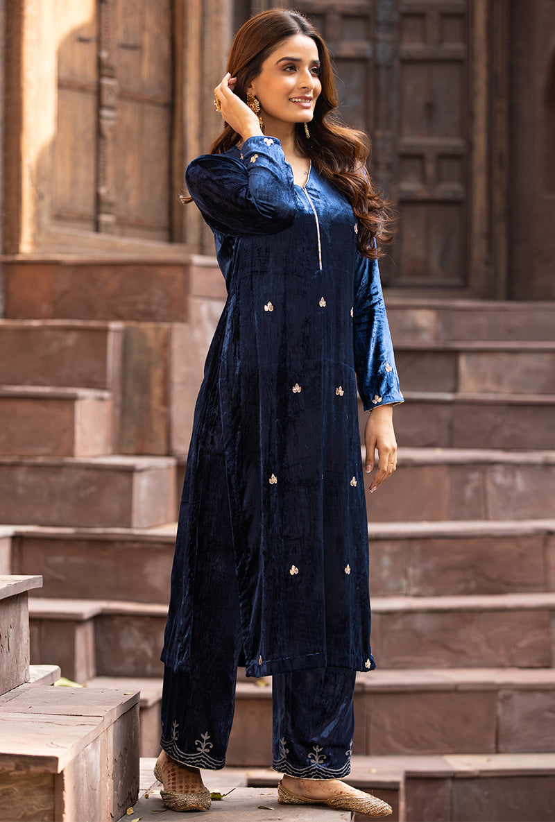 Navy Leaf Embroidery Ruhaani Kurta Set