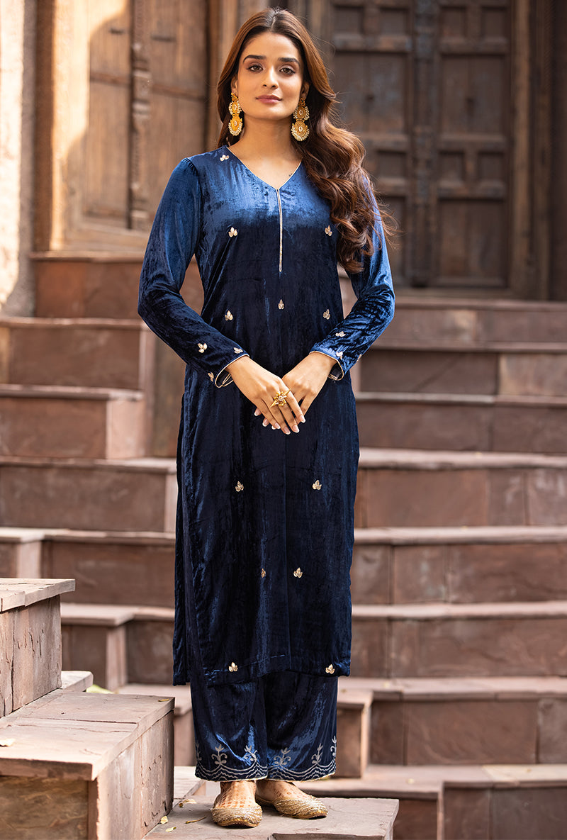 Navy Leaf Embroidery Ruhaani Kurta Set