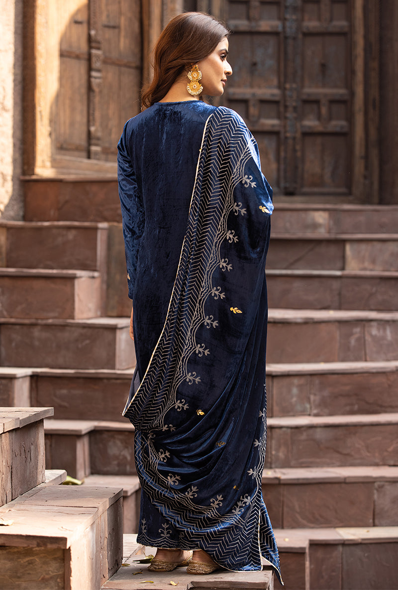 Navy Leaf Embroidery Ruhaani Kurta Set