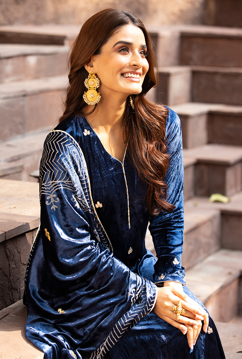 Navy Leaf Embroidery Ruhaani Kurta Set