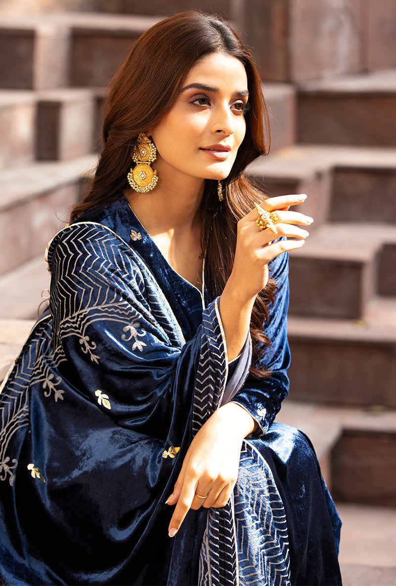Navy Leaf Embroidery Ruhaani Kurta Set