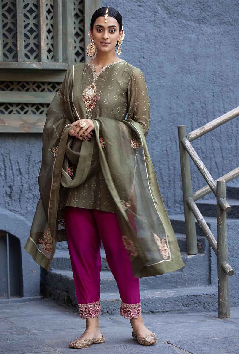 Olive Green Bandhej Zara Salwar Kurta Set