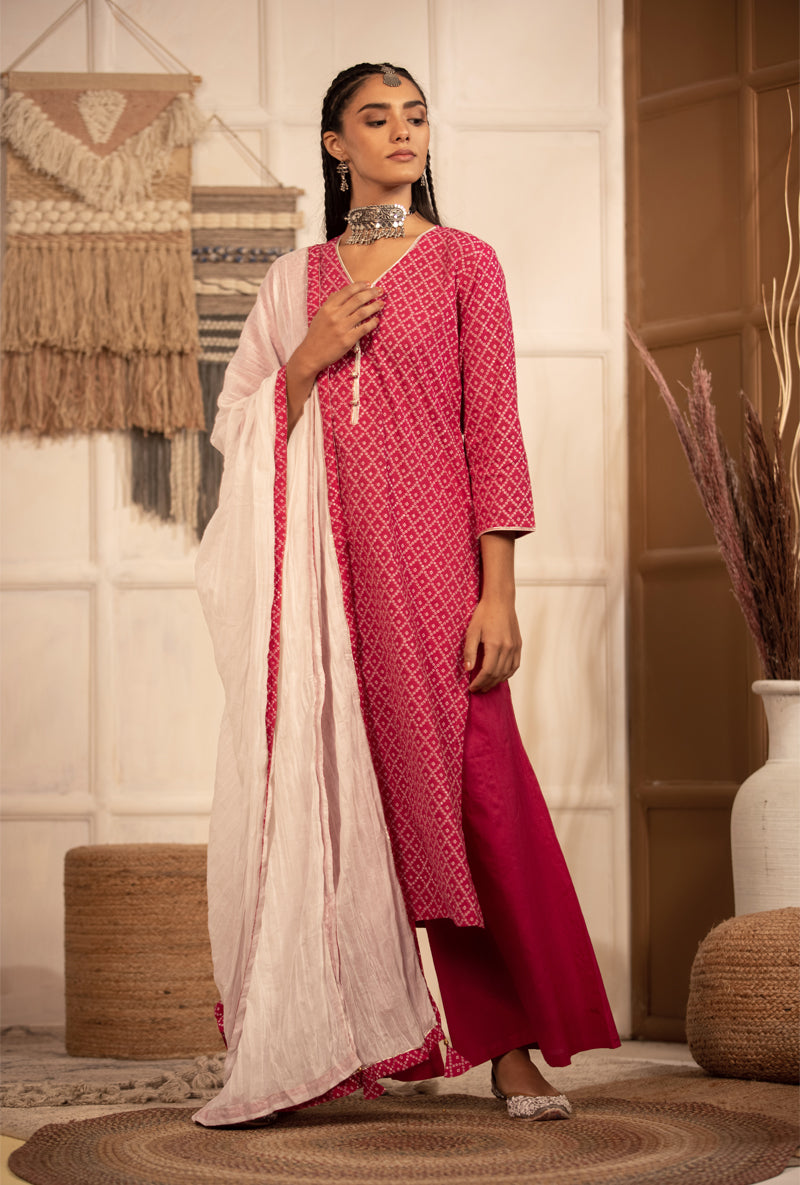 Rani Pink Bandhej Straight Kurta Set