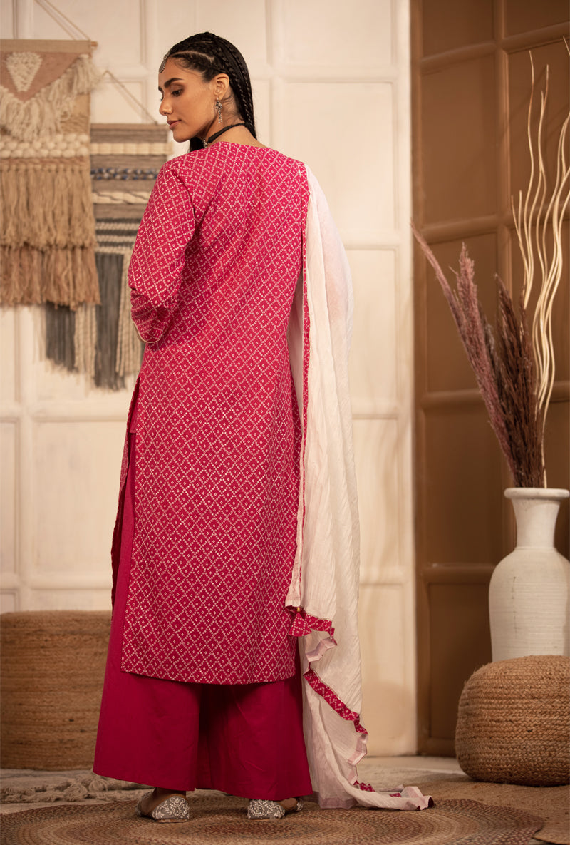 Rani Pink Bandhej Straight Kurta Set