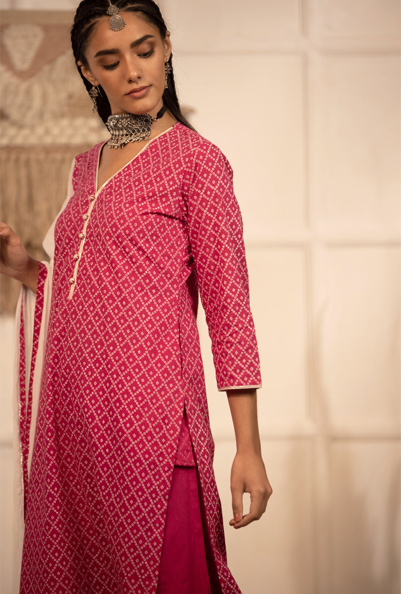 Rani Pink Bandhej Straight Kurta Set