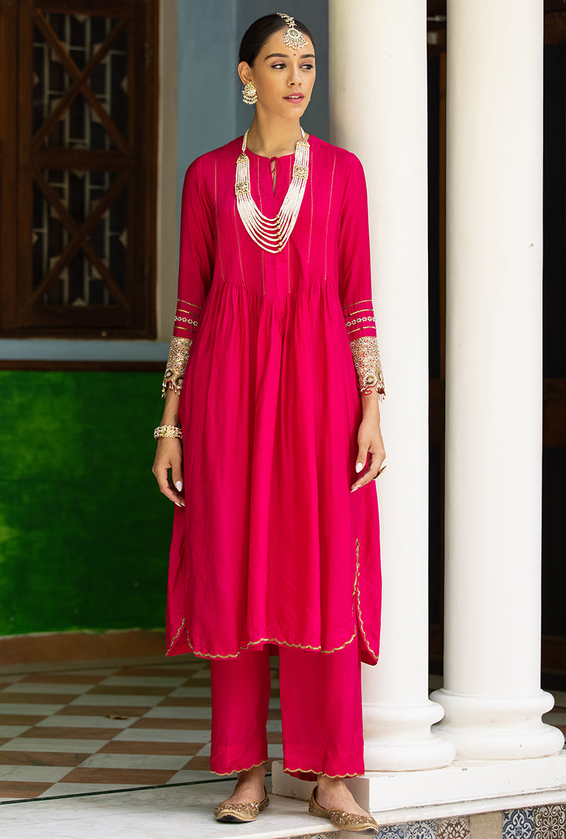 Rani Pink Heavy Cuff Sleeve Aayat Kurta Set