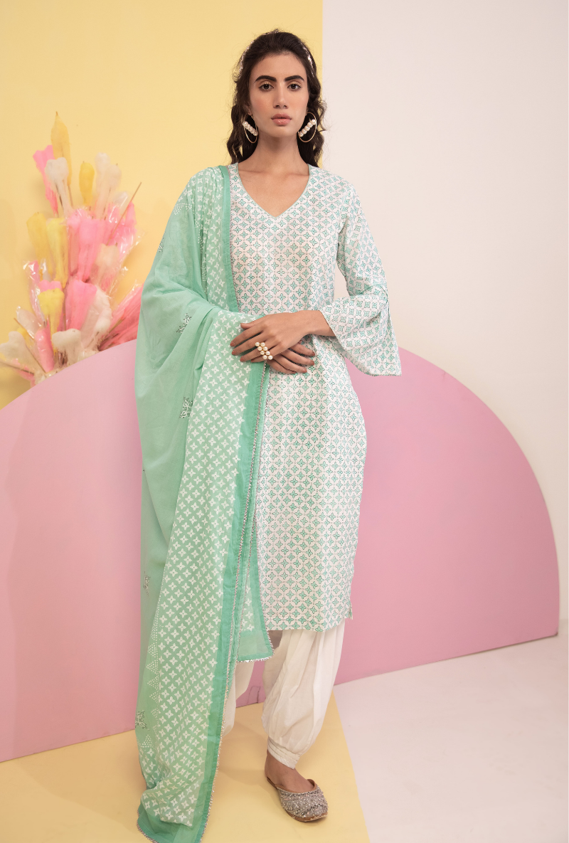 Aqua Cotton Candy Frill Sleeve Kurta Set