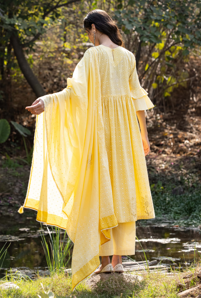 Yellow Frill Sleeve Titlie Anarkali Set