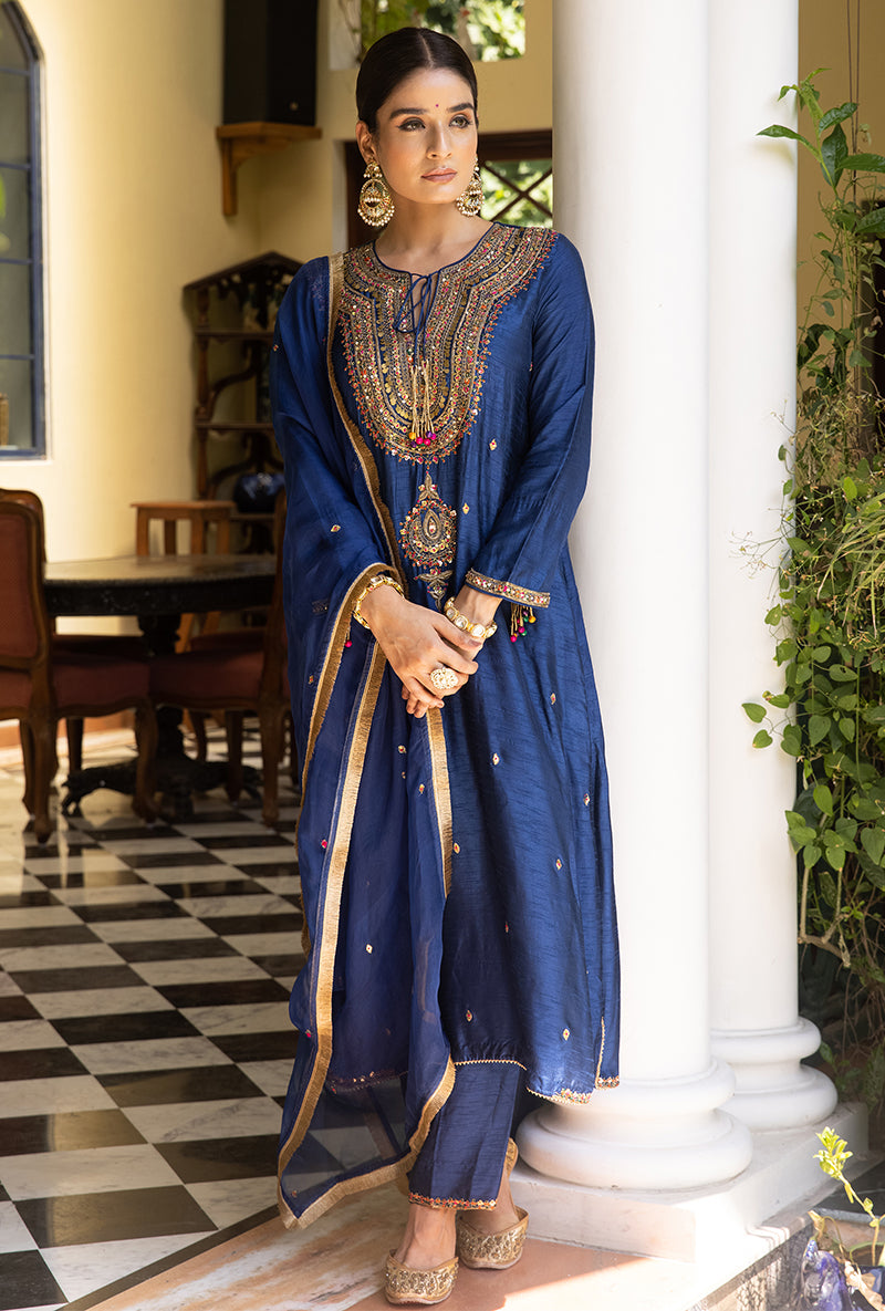 Blue Resham And Zardozi  Heavy-Neck Aayat Kurta Set