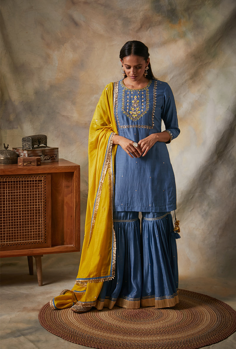 Blue Square Yoke Mahi Gharara Set