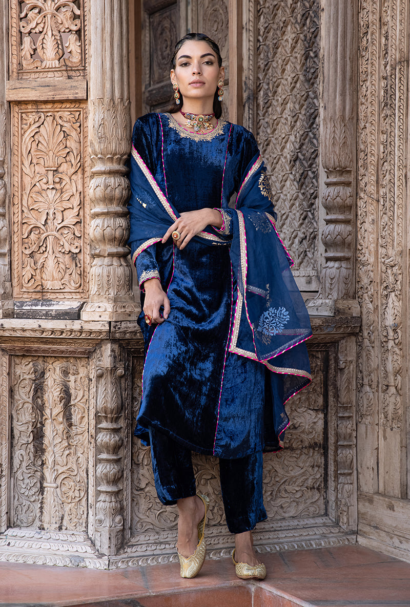 Blue Velvet A-line Foil Falak Kurta Set