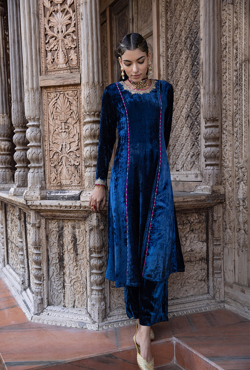 Blue Velvet A-line Foil Falak Kurta Set