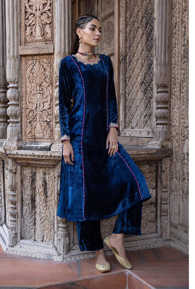 Blue Velvet A-line Foil Falak Kurta Set