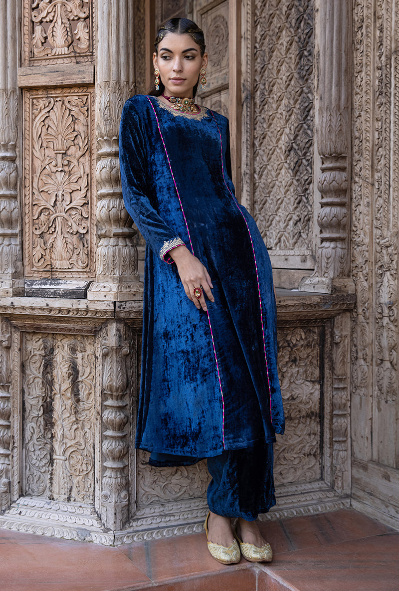 Blue Velvet A-line Foil Falak Kurta Set