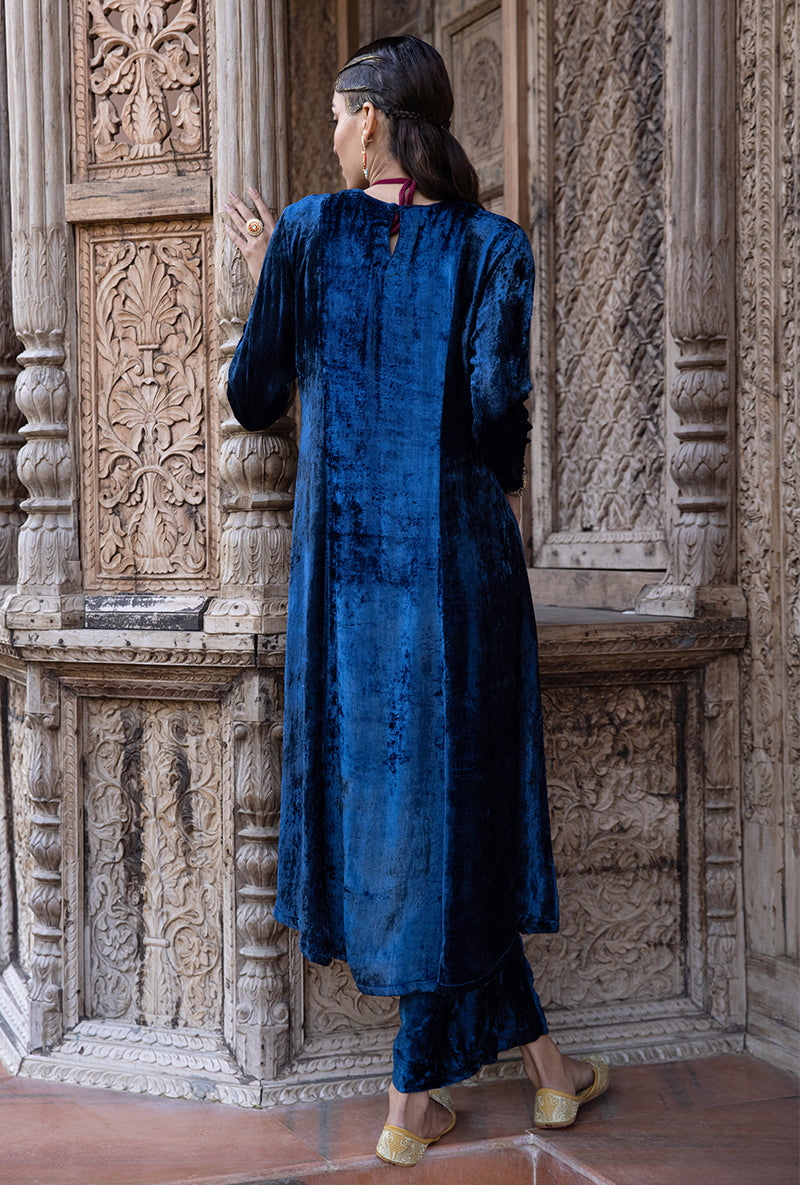 Blue Velvet A-line Foil Falak Kurta Set