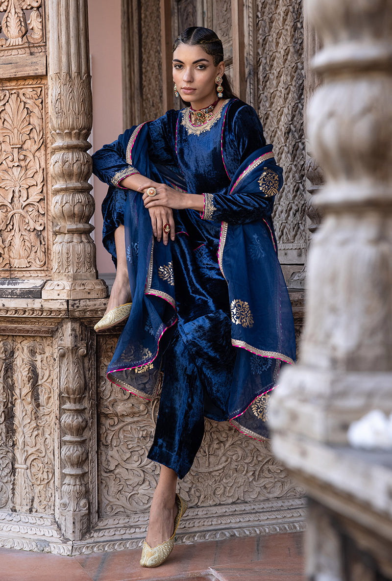 Blue Velvet A-line Foil Falak Kurta Set