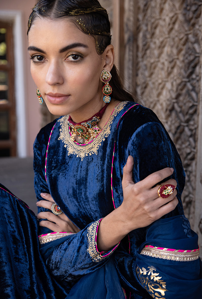 Blue Velvet A-line Foil Falak Kurta Set