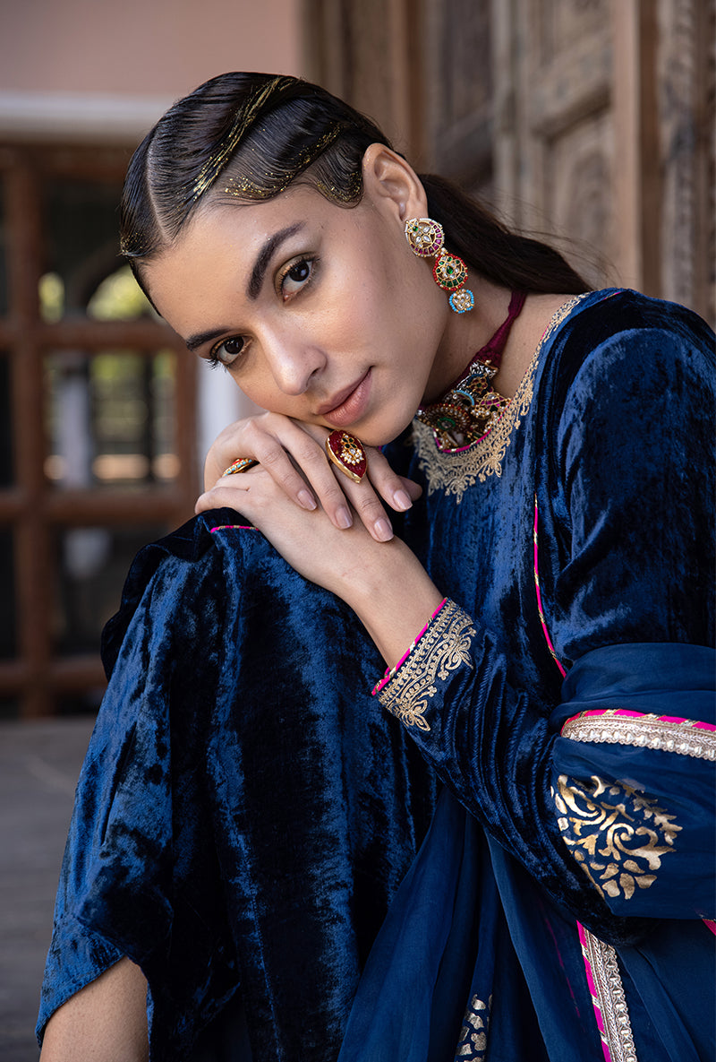 Blue Velvet A-line Foil Falak Kurta Set