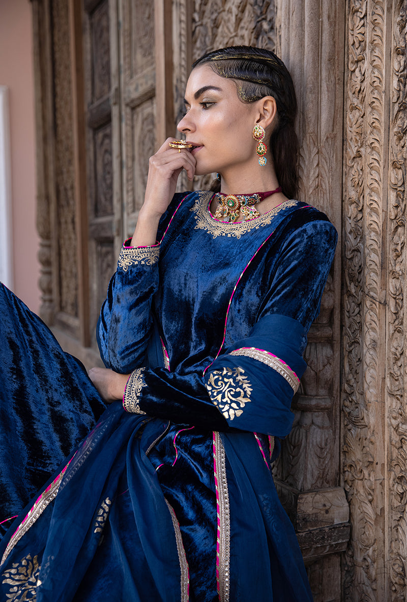 Blue Velvet A-line Foil Falak Kurta Set