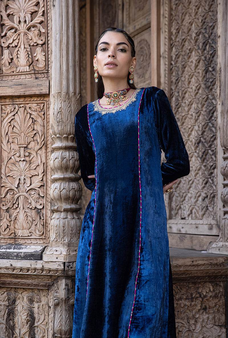 Blue Velvet A-line Foil Falak Kurta Set