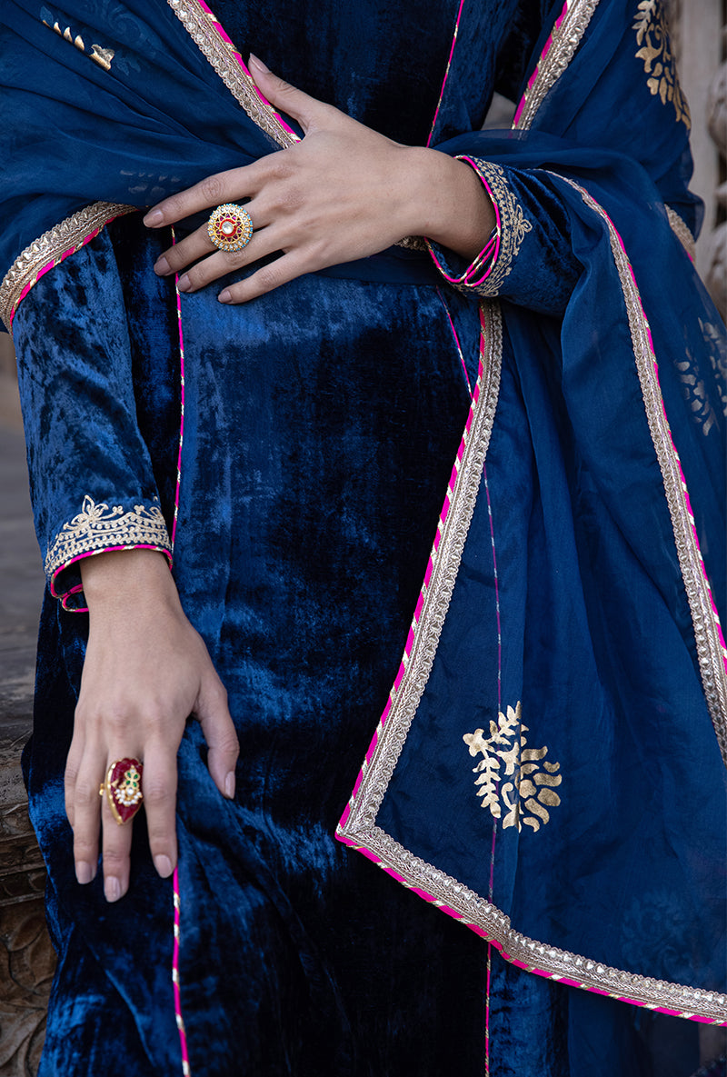 Blue Velvet A-line Foil Falak Kurta Set