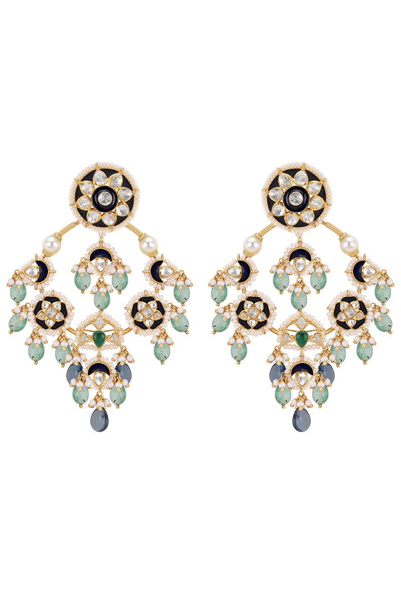 Gold Plated Silver Blue Sapphire & Emerald Bead Chandbali With Blue Enamel