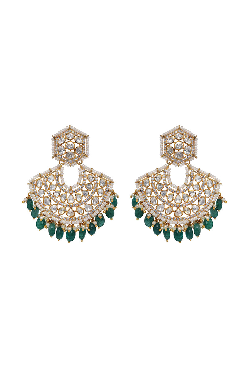 Gold Plated Silver All Polki Earrings With Green Drops