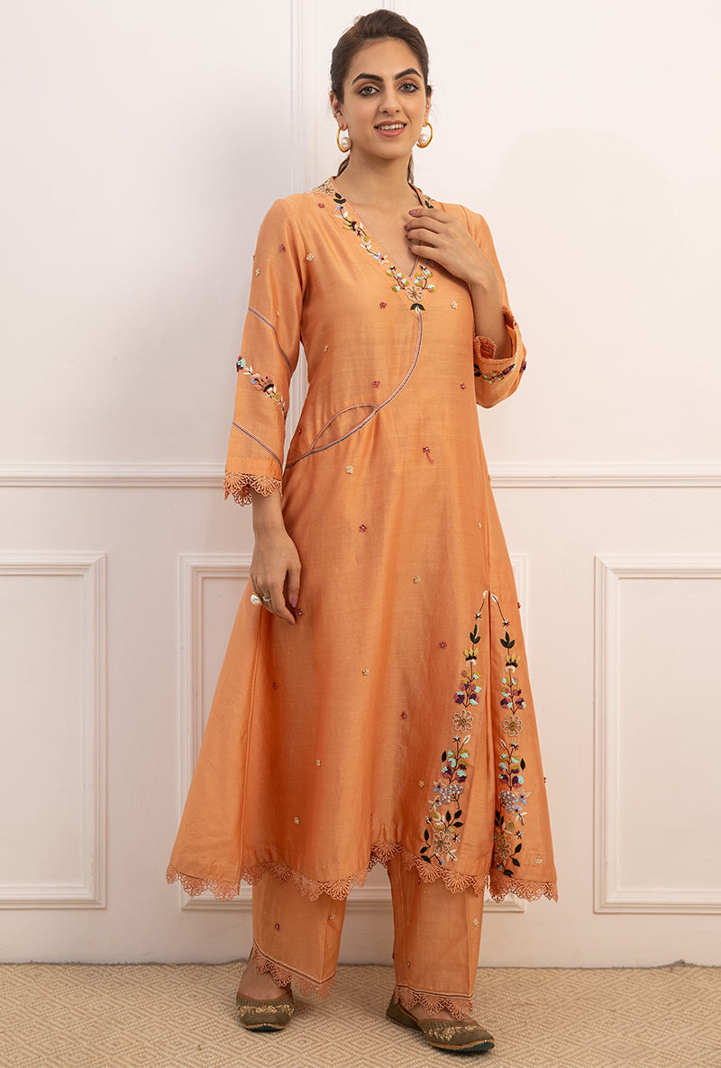 Peach French Knot Pocket Style Suhaani Kurta Set