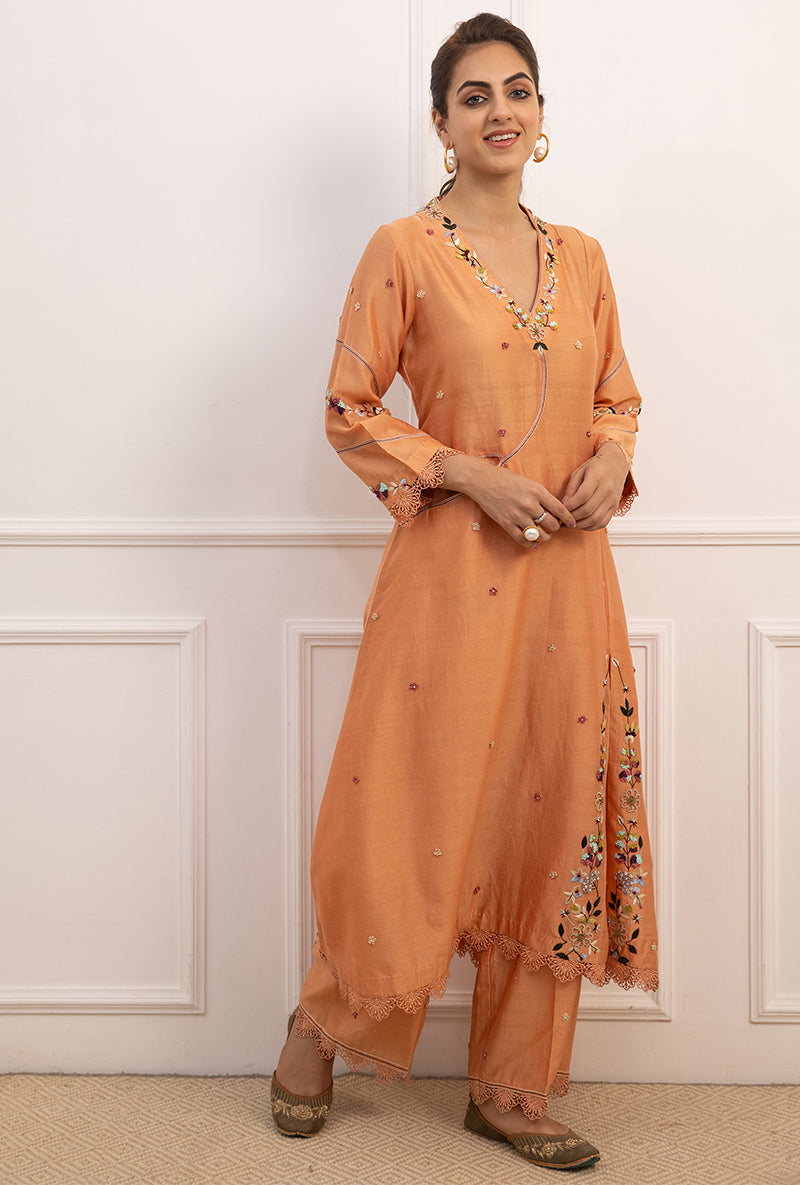 Peach French Knot Pocket Style Suhaani Kurta Set