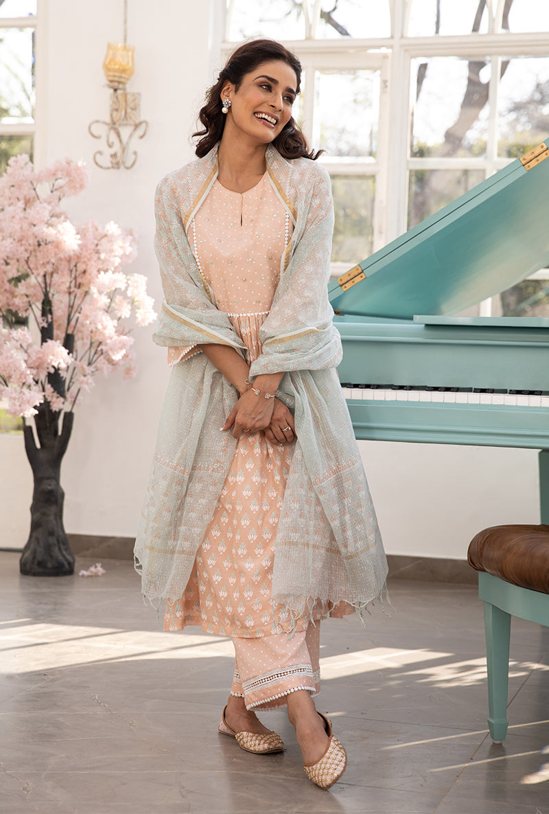 Peach Front Pleats Aisha Kurta Set