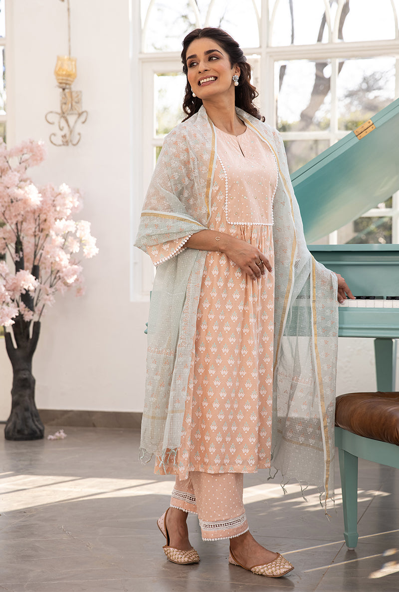 Peach Front Pleats Aisha Kurta Set