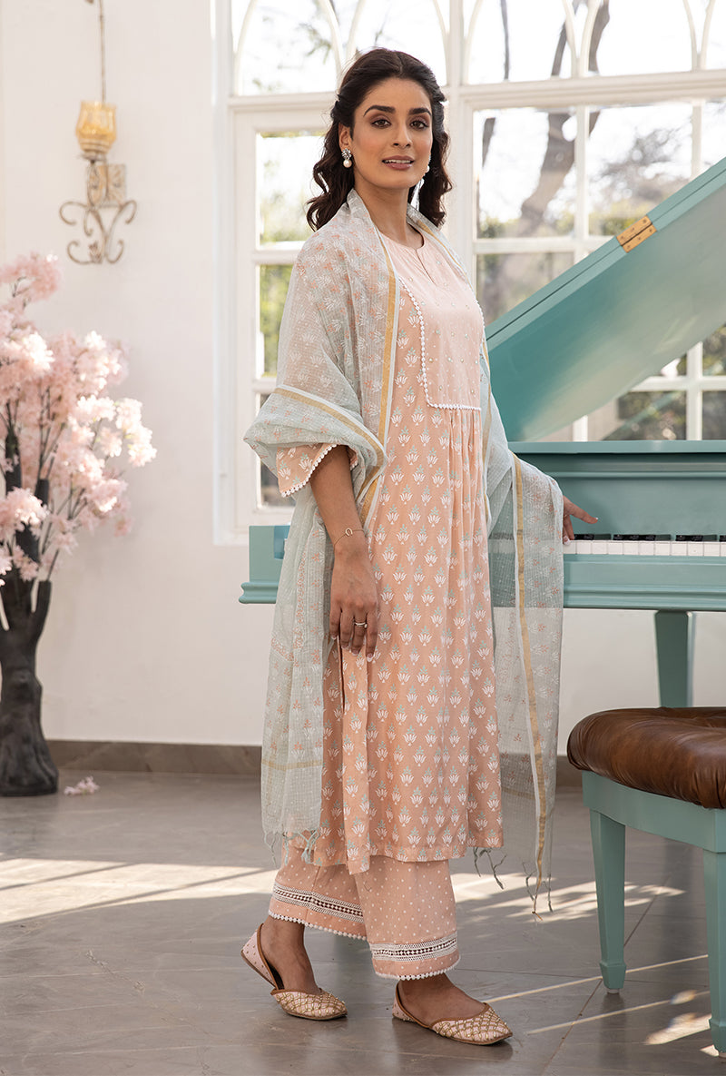 Peach Front Pleats Aisha Kurta Set
